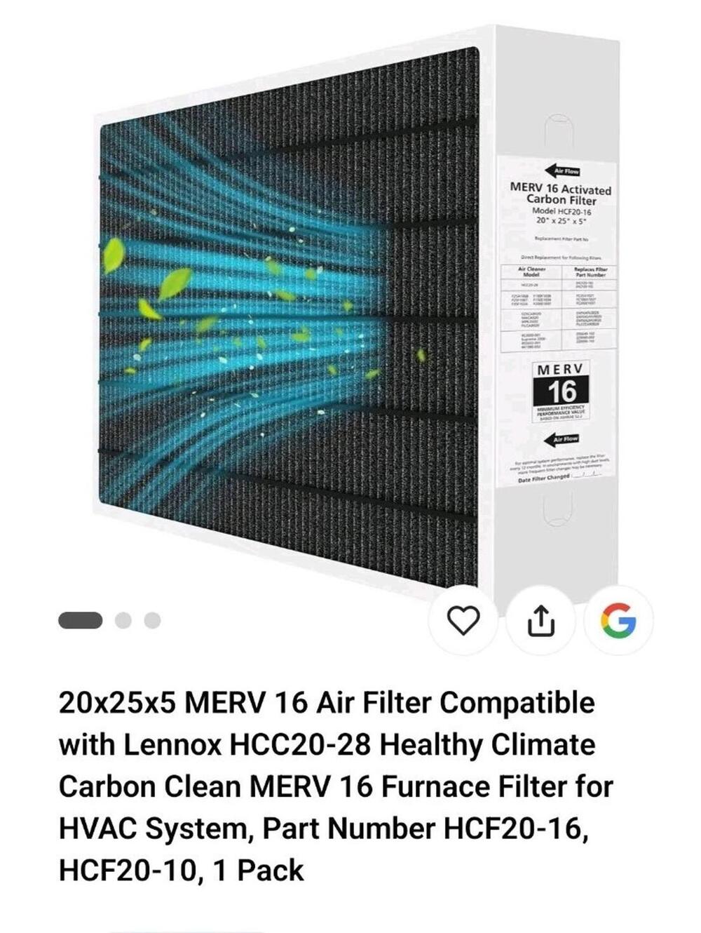 20x25x5 MERV 16 Air Carbon HVAC Filter  1 Pack Compatible with Lennox X6675